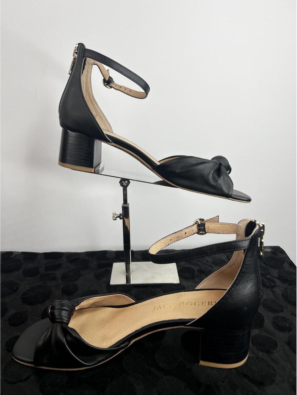 Jack Rogers Abigail Mid Heel Sandals Black Leather Bow Ankle Strap Women 8.5M